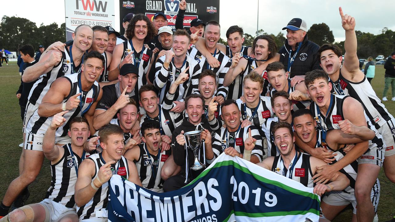 Narre Warren celebrate the inaugural Outer East premiership back in 2019. Picture: Josie Hayden