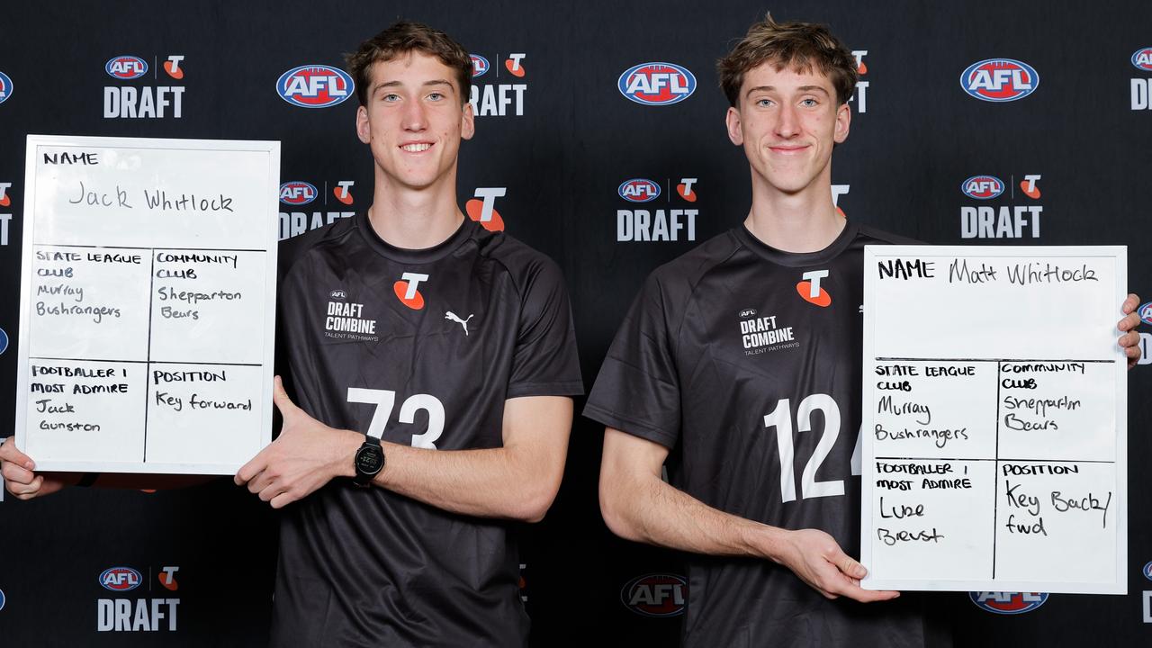 Jack Whitlock and Matt Whitlock during the Telstra AFL National Draft Combine. Picture: Dylan Burns/AFL Photos via Getty Images