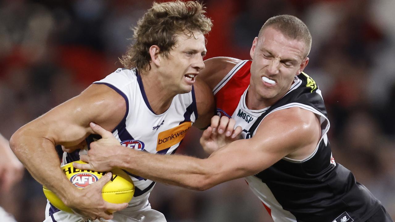 Fyfe struggled for possessions in attack, away from the contest in the midfield. Picture: Darrian Traynor/Getty Images