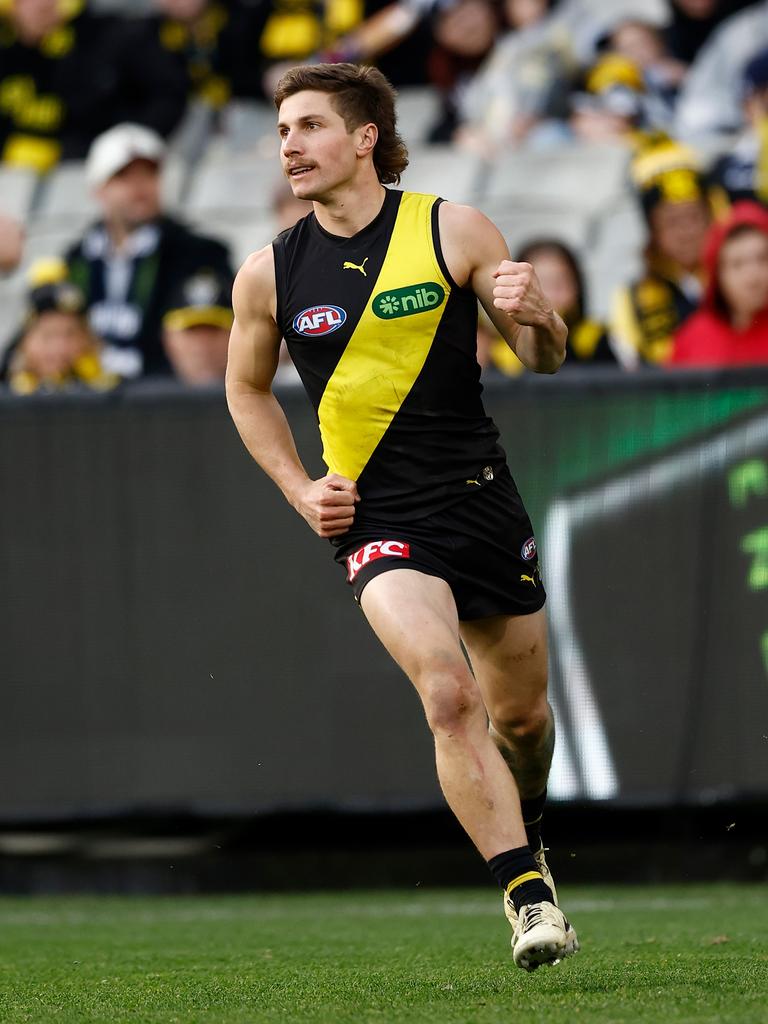 Could [PLAYERCARD]Liam Baker[/PLAYERCARD] depart the Tigers this off-season despite captaining the club last week? Picture: Michael Willson/AFL Photos via Getty Images.