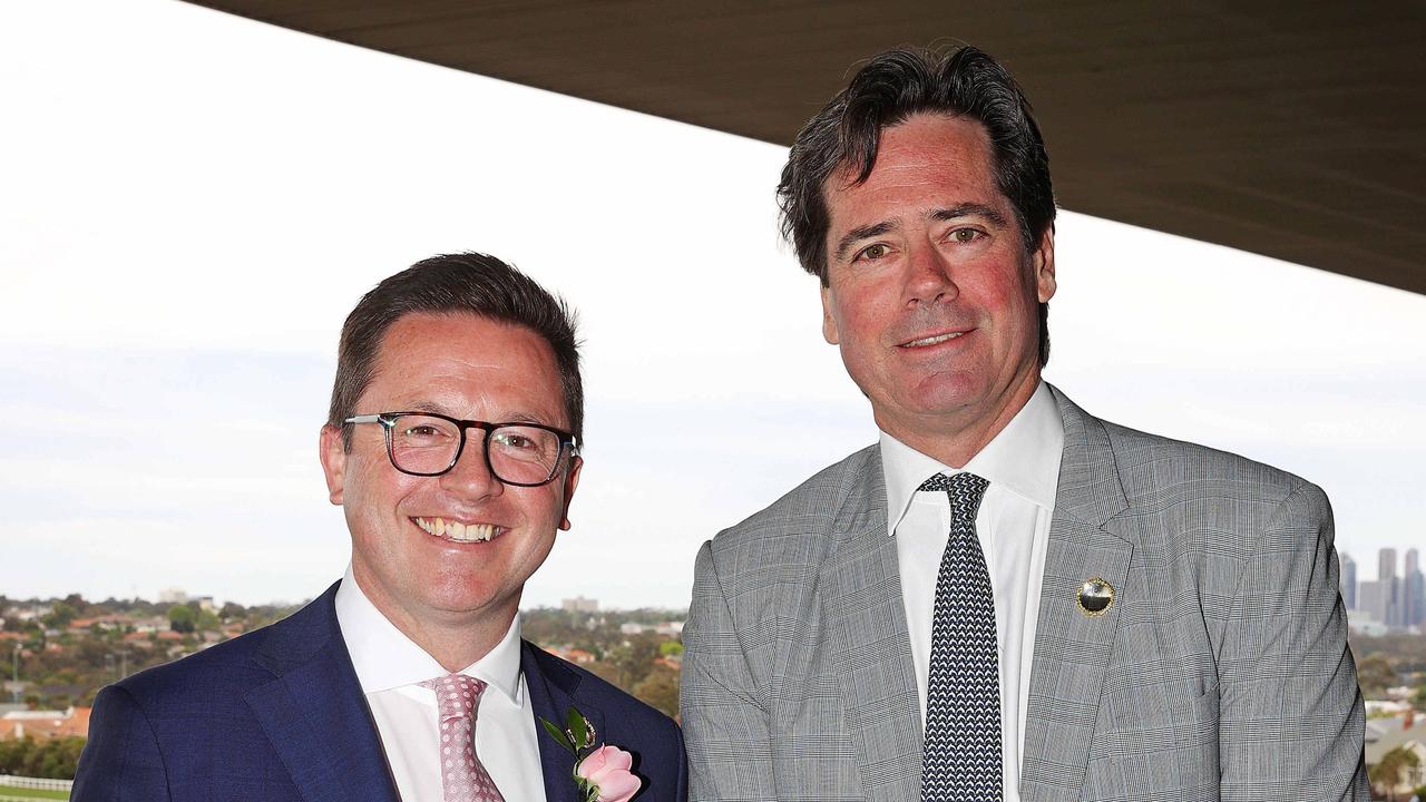 Victorian Racing Minister Anthony Carbines (left) with Gillon McLachlan at Moonee Valley on Cox Plate Day last year. Picture: Mark Stewart