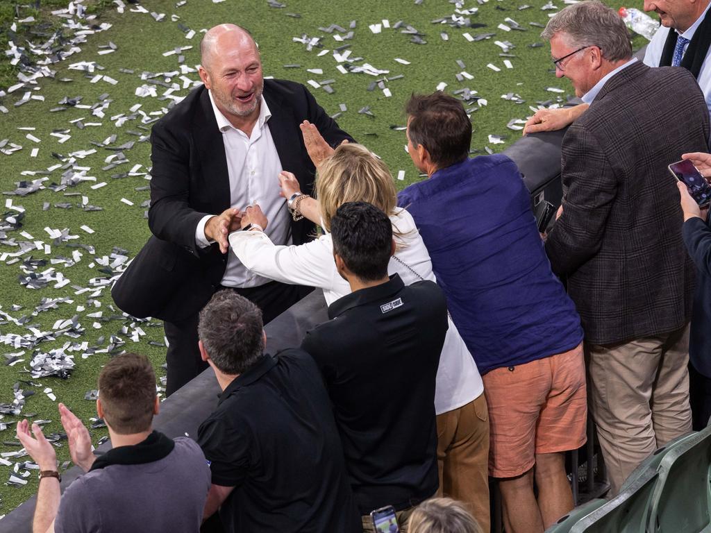 Craig Kelly celebrating the Magpies’ 2023 Grand Final win over the Brisbane Lions. Picture: Jason Edwards