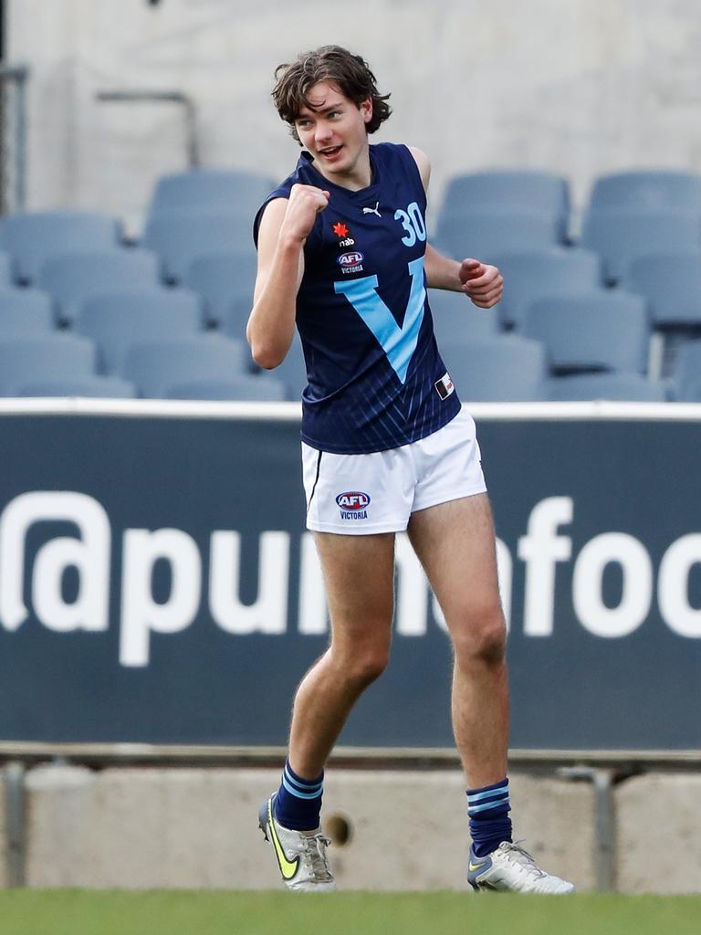 Jefferson of celebrates one of his seven goals against Western Australia. Picture: Dylan Burns/AFL Photos via Getty Images