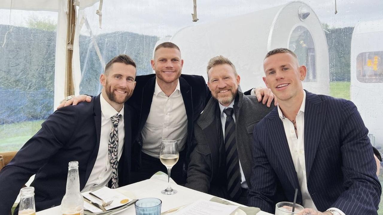 [PLAYERCARD]Jeremy Howe[/PLAYERCARD], [PLAYERCARD]Taylor Adams[/PLAYERCARD], Nathan Buckley and [PLAYERCARD]Ben Crocker[/PLAYERCARD] at the wedding. Picture: Instagram