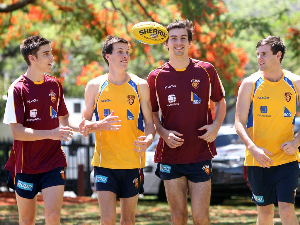 Elliot Yeo, Patrick Wearden, Billy Longer, and Sam Docherty in 2011 after being drafted by the Brisbane Lions. Picture: Nathan Richter