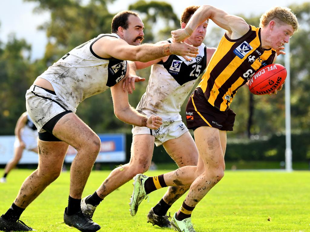 Ethan Stanley is charting a rapid rise from Frankston u-19s, to Box Hill VFL (pictured), to the Fremantle Dockers and AFL footy, all in the space of six months. Picture: Josh Chadwick/AFL Photos via Getty Images