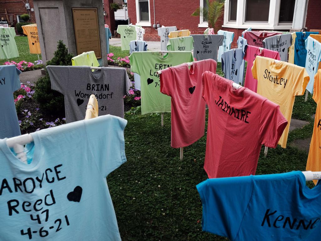 Shirts representing victims of gun violence are displayed in a memorial in Pennsylvania. Picture: Getty Images/AFP