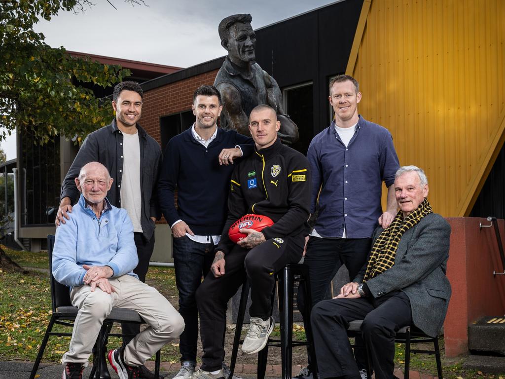 Martin with fellow Richmond 300 game players , Kevin Bartlett, [PLAYERCARD]Shane Edwards[/PLAYERCARD], [PLAYERCARD]Trent Cotchin[/PLAYERCARD], Jack Riewoldt and Francis Bourke. Picture: Michael Willson