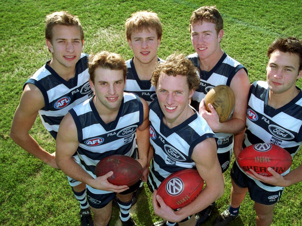 Geelong’s 2001 draftees: (Clockwise from top left) Charlie Gardiner, Gary Ablett Jr, Steve Johnson, James Bartel (Jimmy Bartel), David Johnson and James Kelly.