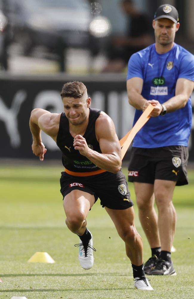 [PLAYERCARD]Dion Prestia[/PLAYERCARD] was put through his paces away from the main group. Picture: Michael Klein