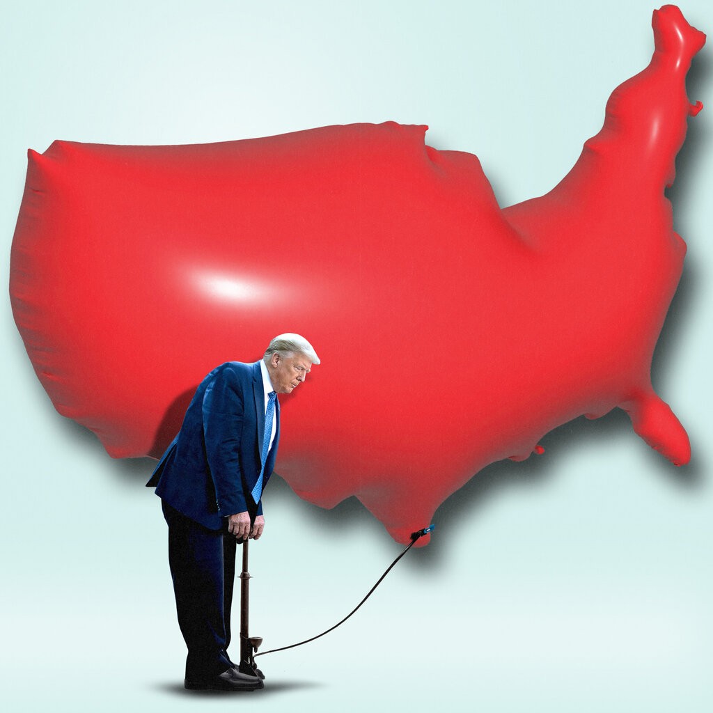 A photo illustration of Donald Trump blowing up a large red balloon shaped like the United States.