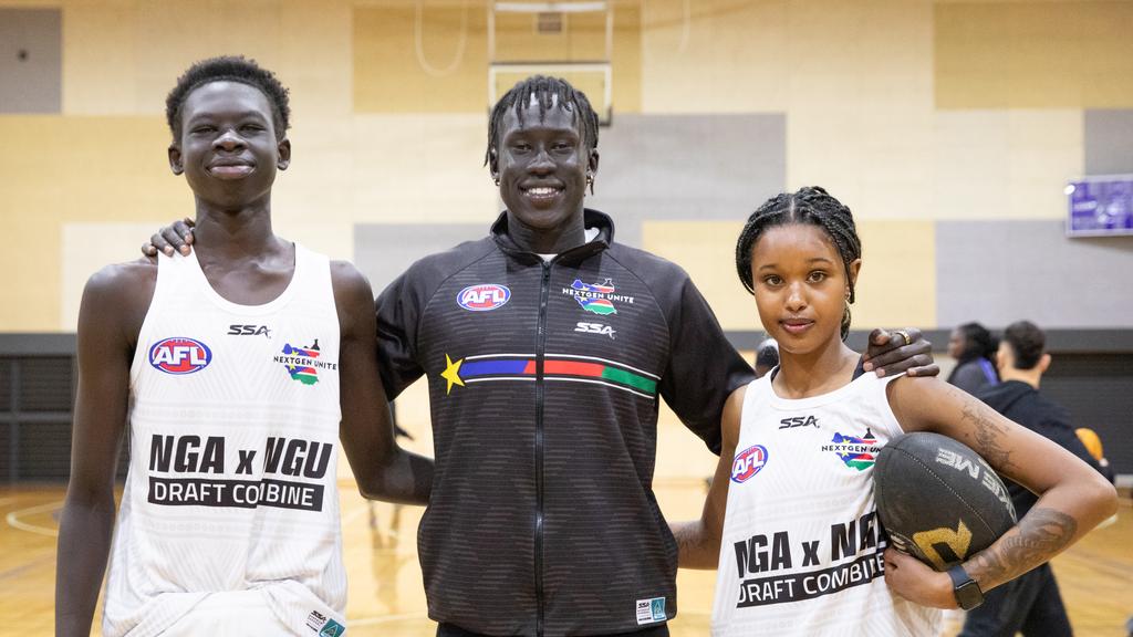 Hok Marial (left) with Changkuoth Jiath at the first South Sudanese combine. Picture: Riley Lockett/AFL Photos