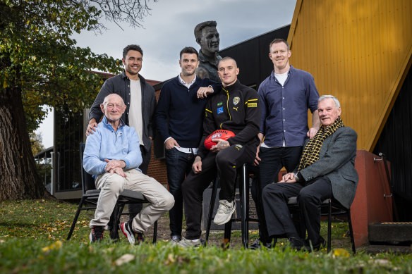 Richmond Football Club’s 300-gamers, from left to right: Kevin Bartlett, [PLAYERCARD]Shane Edwards[/PLAYERCARD], [PLAYERCARD]Trent Cotchin[/PLAYERCARD], Dustin Martin, Jack Riewoldt and Francis Bourke.