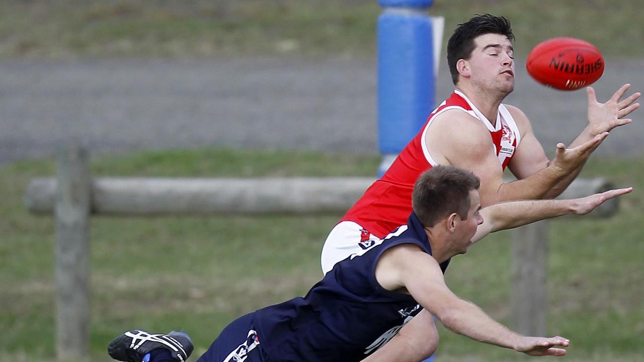 Corbin Sutherland takes a mark for Yarram. Picture Yuri Kouzmin