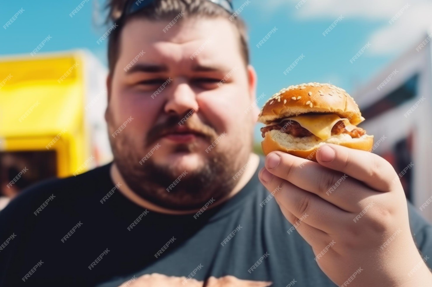 large-man-holds-small-burger-his-hand-against-background-food-truck_118631-4152.jpg