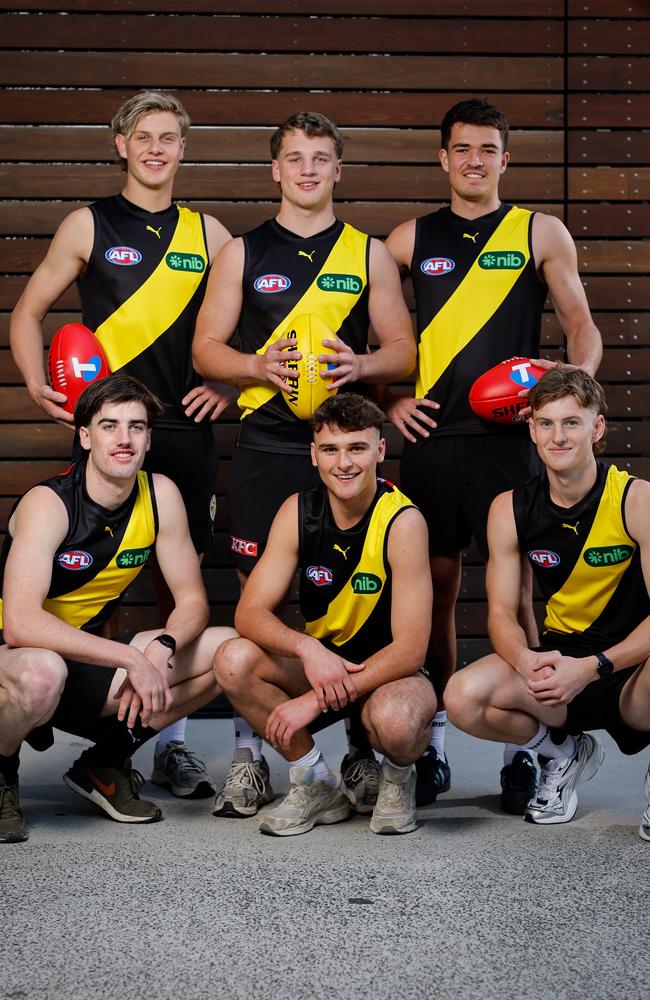 Richmond draftees Sam Lalor (back middle), Josh Smillie (back L), Harry Armstrong (back R), Jonty Faull (front L), Taj Hotton (front middle) and Luke Trainor (front R). Picture: Getty Images