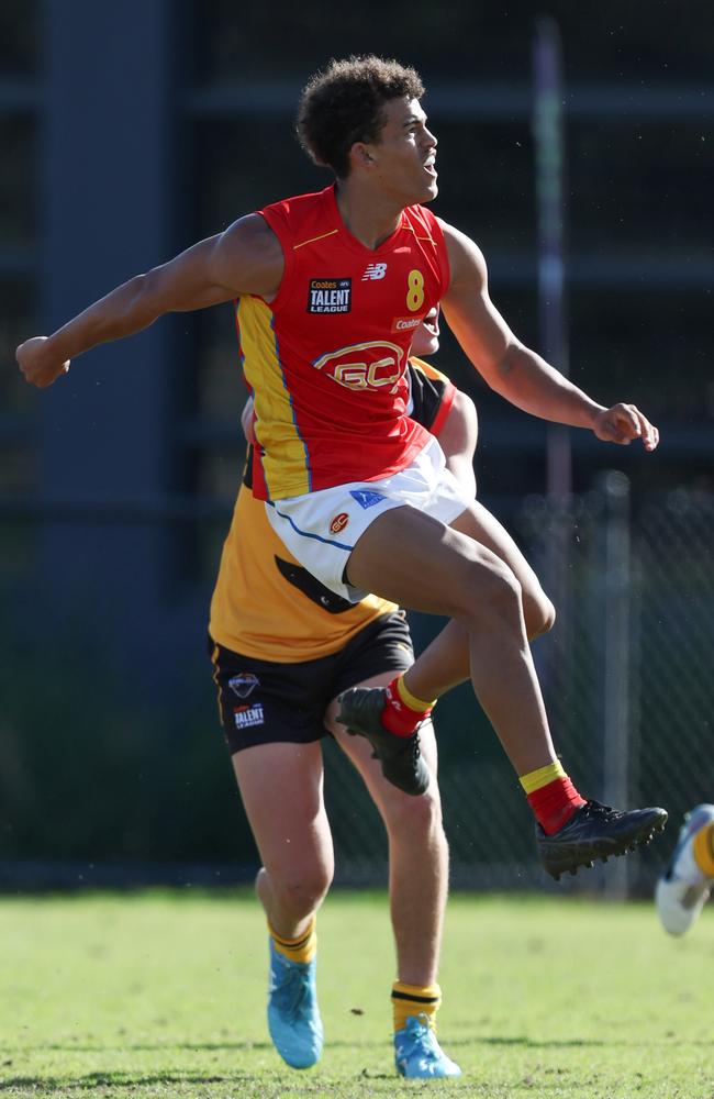 Leonardo Lombard of the Gold Coast Suns U18 boys academy kicks the ball during the 2024 Coates Talent League Boys Round 06 match. Picture: Rob Lawson/AFL Photos.