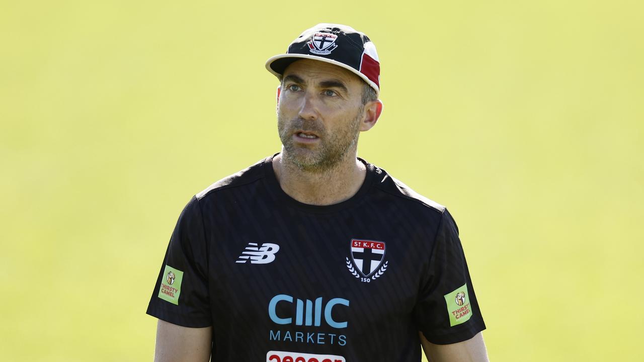 MELBOURNE, AUSTRALIA - APRIL 20: Corey Enright, Defence Coach of the Saints in action during the St Kilda Saints training session at RSEA Park on April 20, 2023 in Melbourne, Australia. (Photo by Michael Willson/AFL Photos via Getty Images)