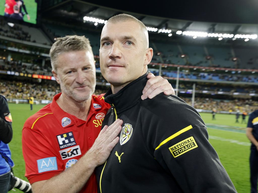 Dustin Martin and Damien Hardwick after Martin’s round 24 Richmond farewell. Picture: Michael Klein