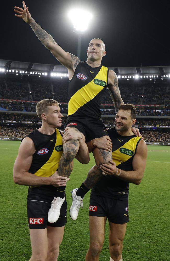 Dustin Martin is chaired off after game 300. Picture: Michael Klein