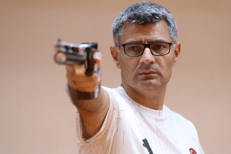 Turkish shooter Yusuf Dikec is pictured during a training in Ankara