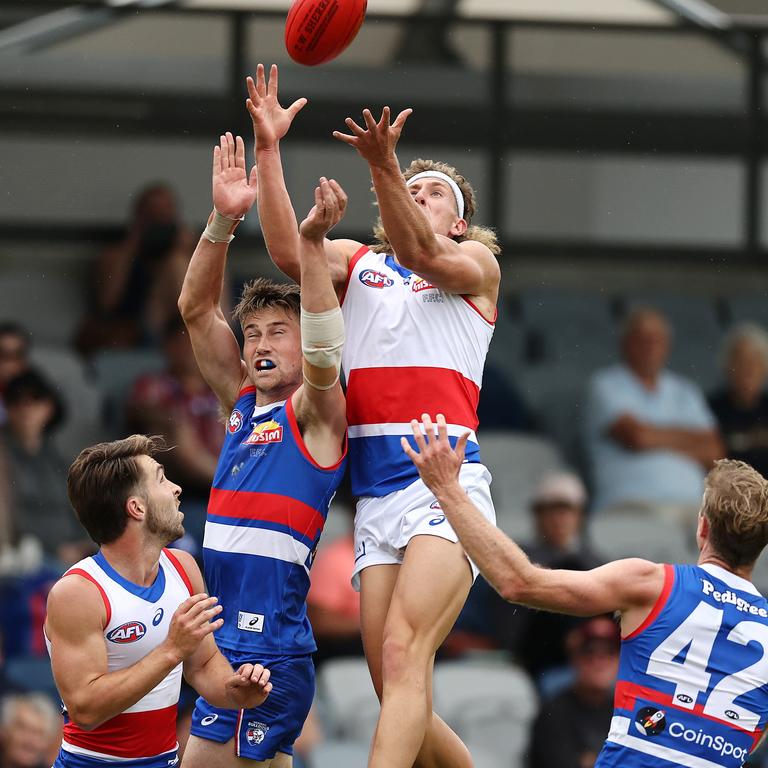 [PLAYERCARD]Aaron Naughton[/PLAYERCARD] soars during an intraclub match. Picture: Michael Klein.