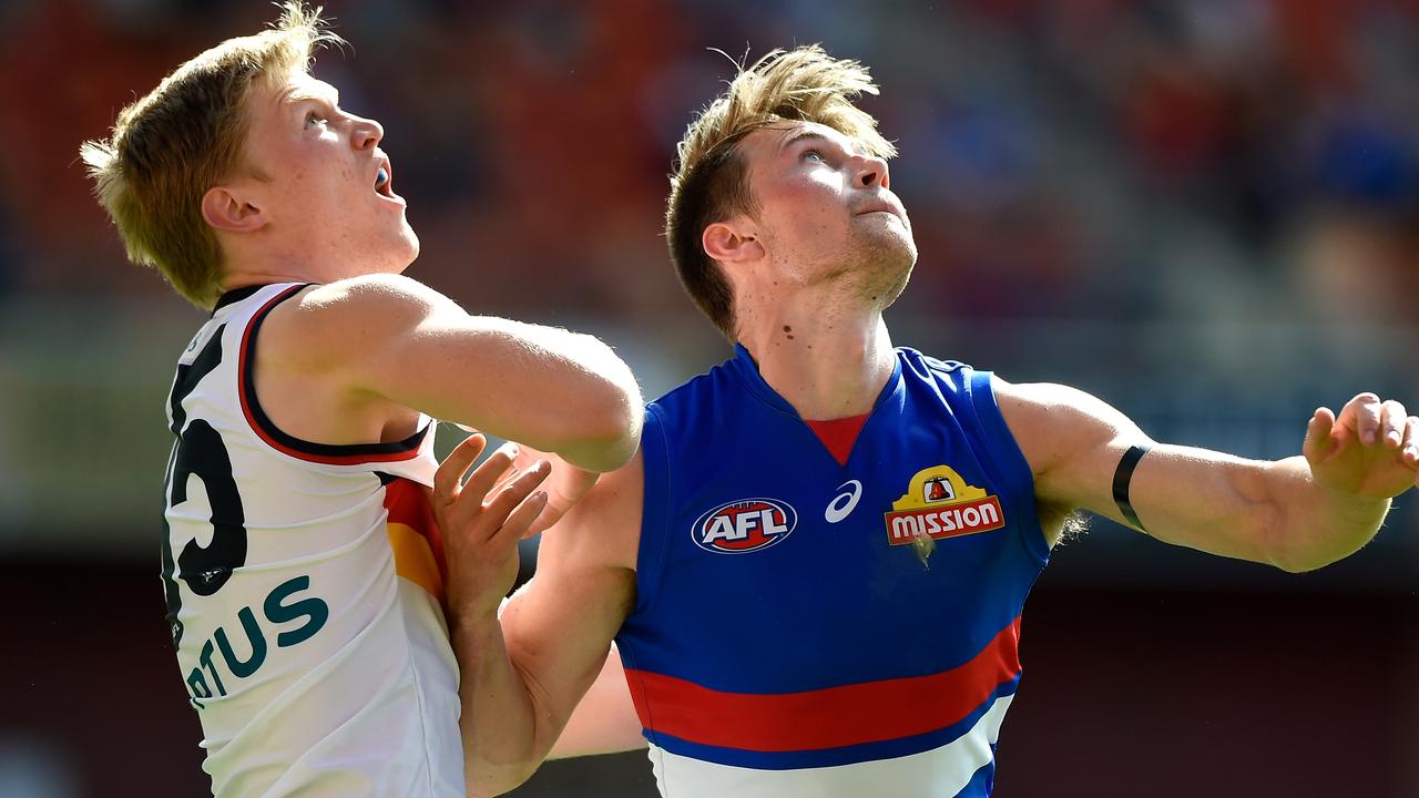 [PLAYERCARD]Fischer McAsey[/PLAYERCARD] tussles with Western Bulldog Ryan Gardener. Picture: Matt Roberts/AFL Photos/via Getty Images