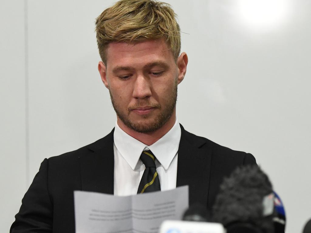 Richmond player Nathan Broad addresses the media over a nude photo scandal.