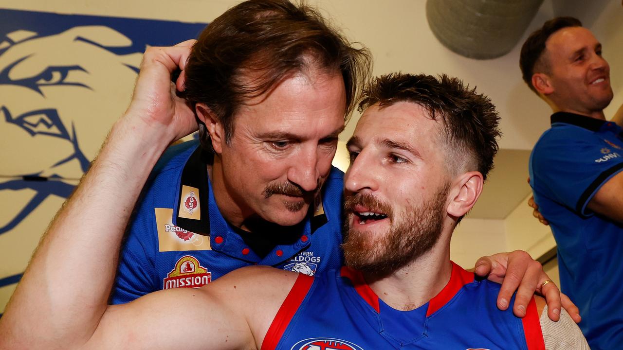 Luke Beveridge and [PLAYERCARD]Marcus Bontempelli[/PLAYERCARD] after their big win. Picture: Michael Willson/AFL Photos via Getty Images