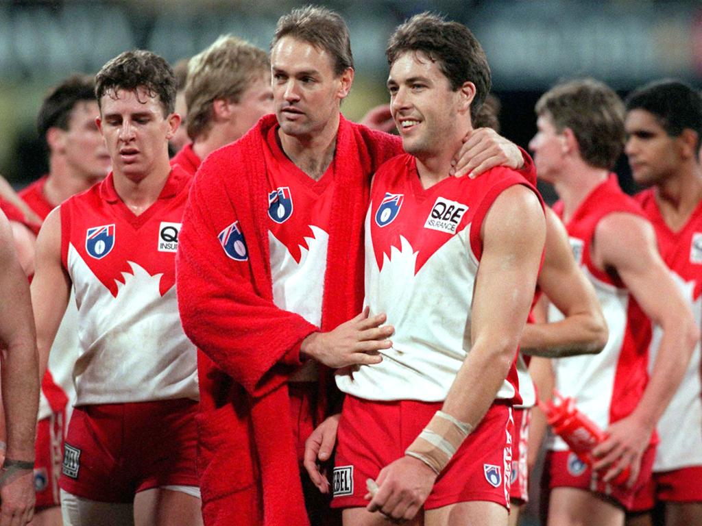 Miller got creative to sign Mark Bayes (front left) to the Swans. Picture: Allsport Australia