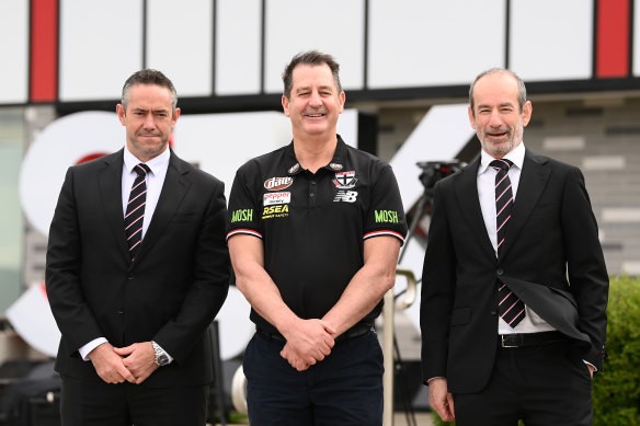 There are murmurs of friction between St Kilda coach Ross Lyon and CEO Simon Lethlean, pictured here alongside president Andrew Bassat.