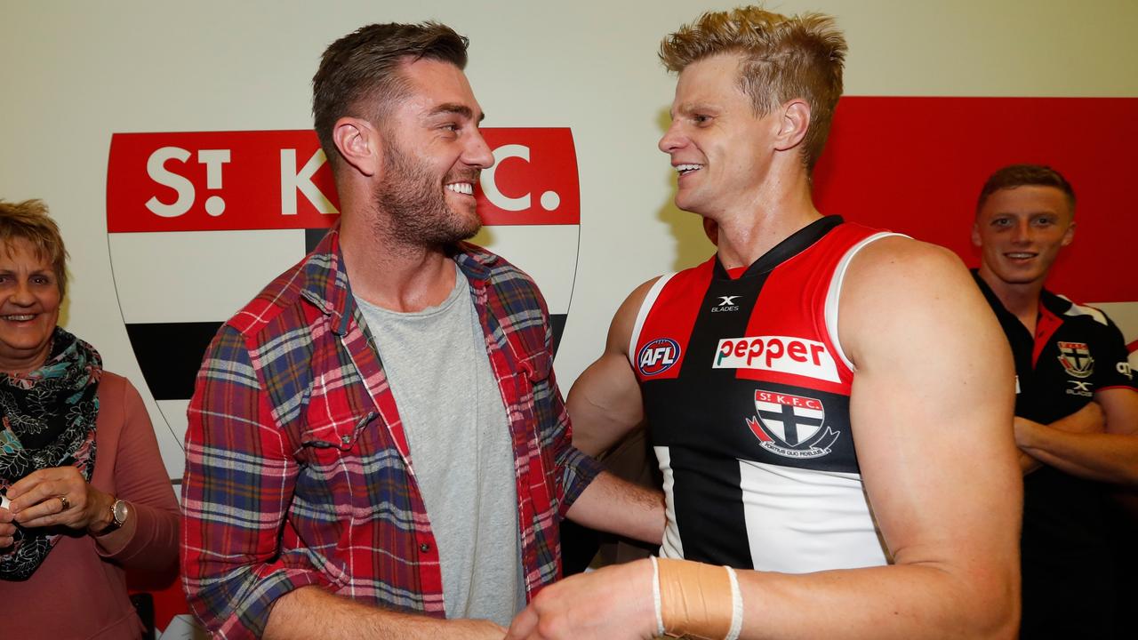 Former Saint [PLAYERCARD]Sam Fisher[/PLAYERCARD] (left) and then St Kilda Skipper Nick Riewoldt in 2017. Picture: AFL media