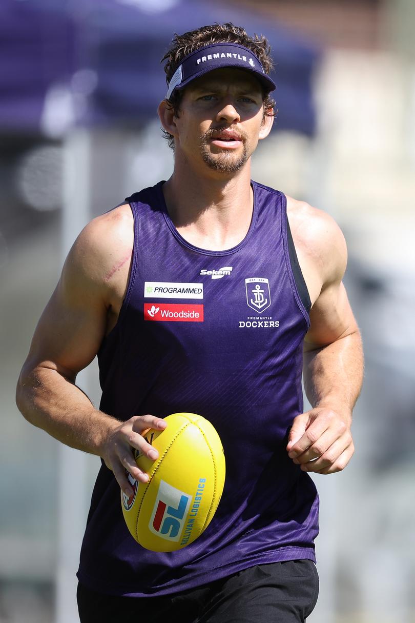 Fremantle captain Nat Fyfe as with the rehab running group as he recovers from post-season shoulder surgery.