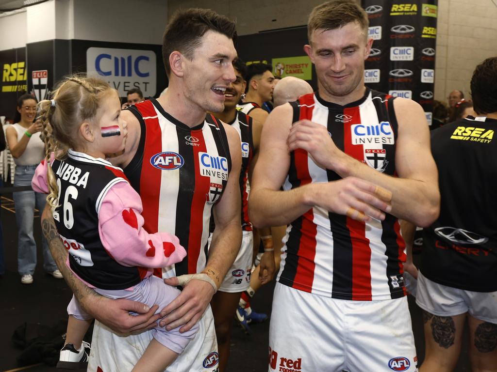 Josh Battle after St Kilda’s win over Carlton, which could be his last match for the club. Picture: Darrian Traynor/Getty Images