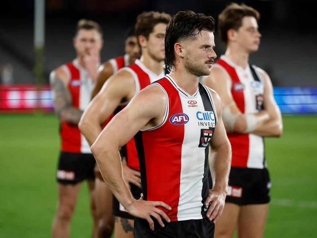 Jack Sinclair looks dejected after his side’s capitulation to the Dogs on Thursday night. Picture: Michael Willson/AFL Photos via Getty Images.