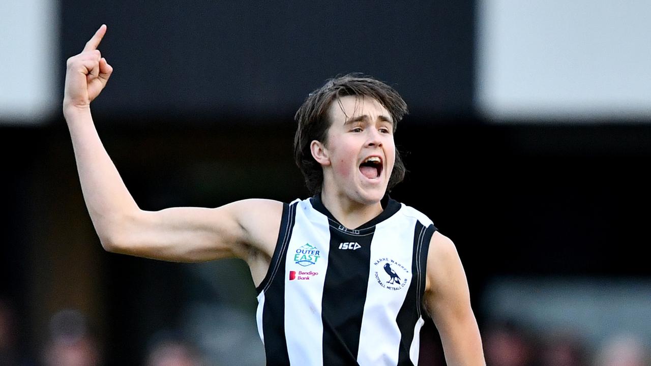 Sam Toner celebrates a goal for Narre Warren in the Outer East Football Netball League this year. Photo: Josh Chadwick