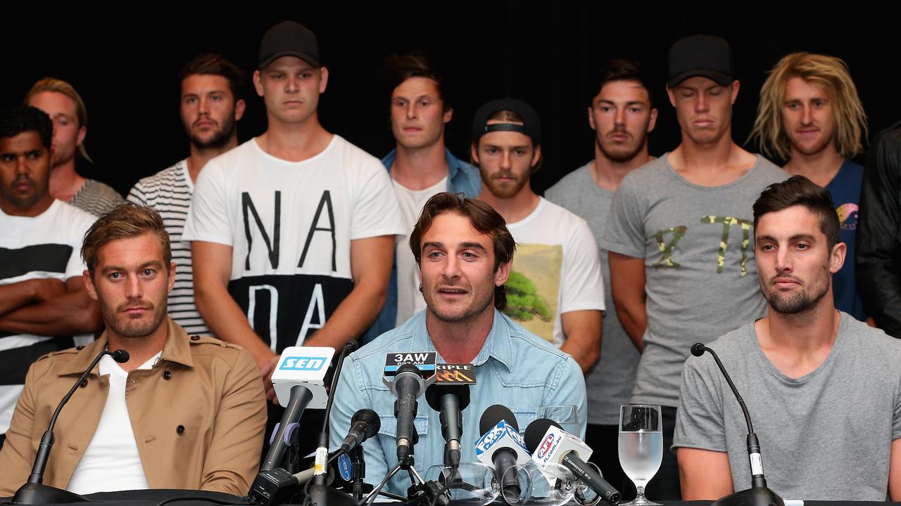 Jobe Watson and teammates held a press conference after they had been suspended. Picture: Getty Images