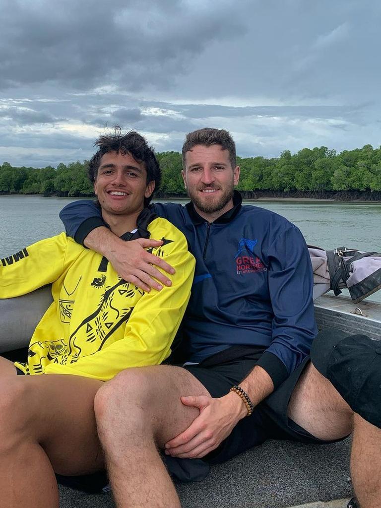 Western Bulldogs players Jamarra Ugle-Hagan and skipper [PLAYERCARD]Marcus Bontempelli[/PLAYERCARD] pictured on a treasured fishing trip.