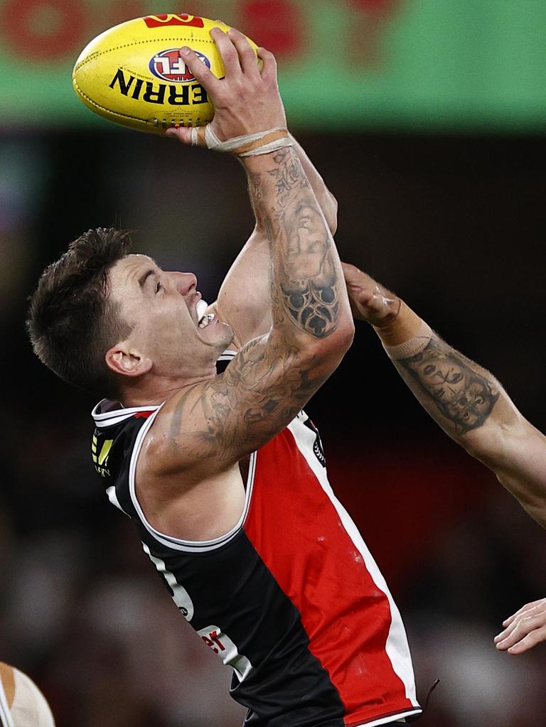 Fellow defender [PLAYERCARD]Josh Battle[/PLAYERCARD] marks strongly against the Suns. Picture: Darrian Traynor/Getty Images