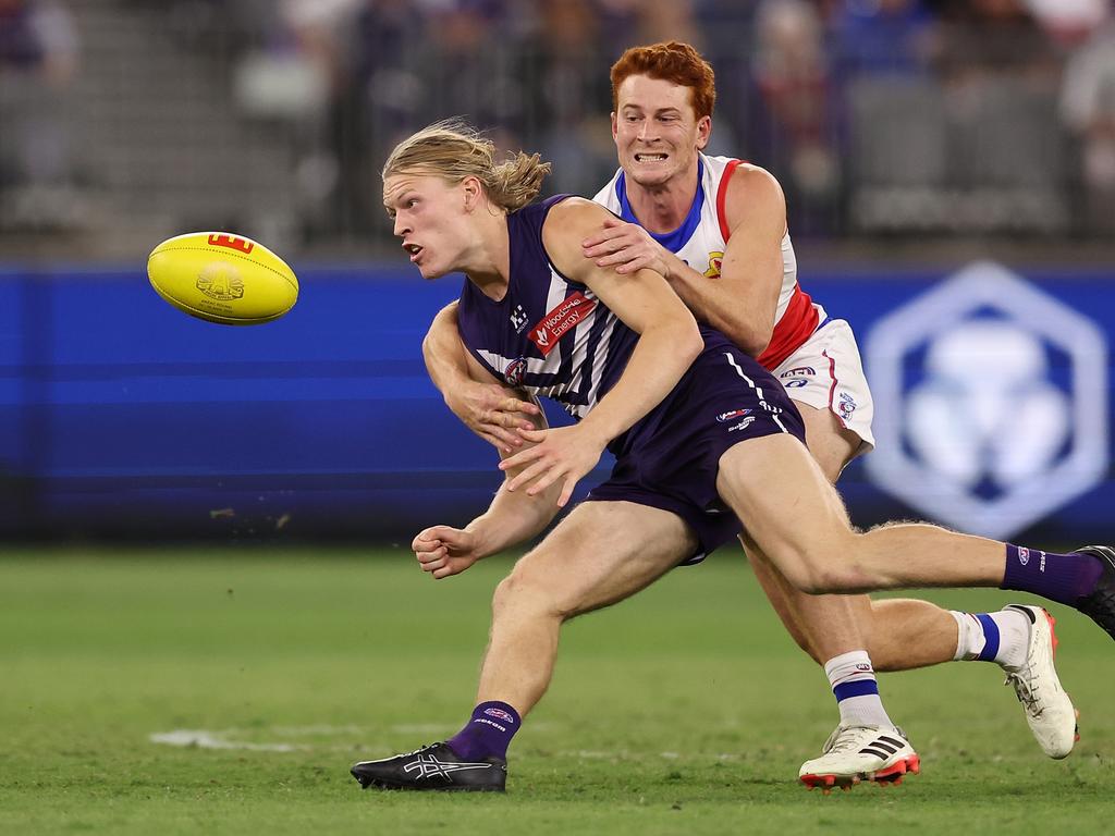 [PLAYERCARD]Hayden Young[/PLAYERCARD] has become one of the newcomers who’s found his feet in Fremantle’s midfield. Picture: Paul Kane/Getty Images.