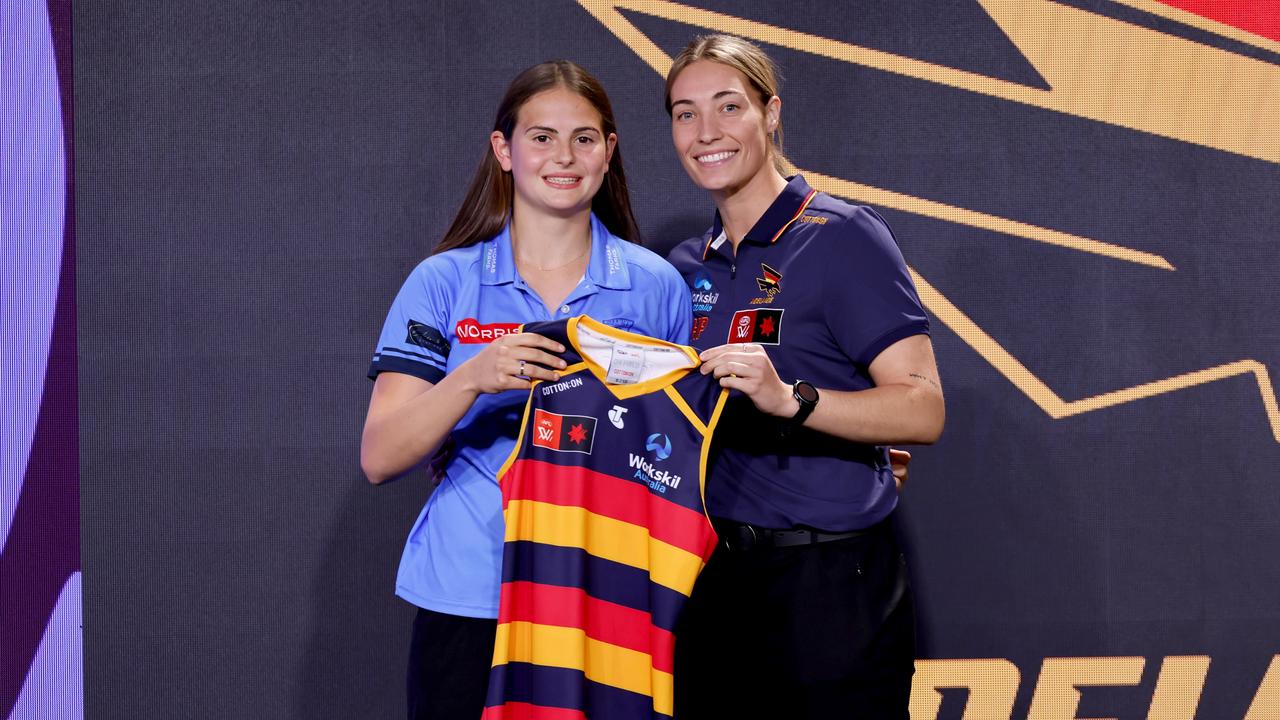 India Rasheed with Caitlin Gould of the Crows after being drafted with Pick 13. Picture: Dylan Burns