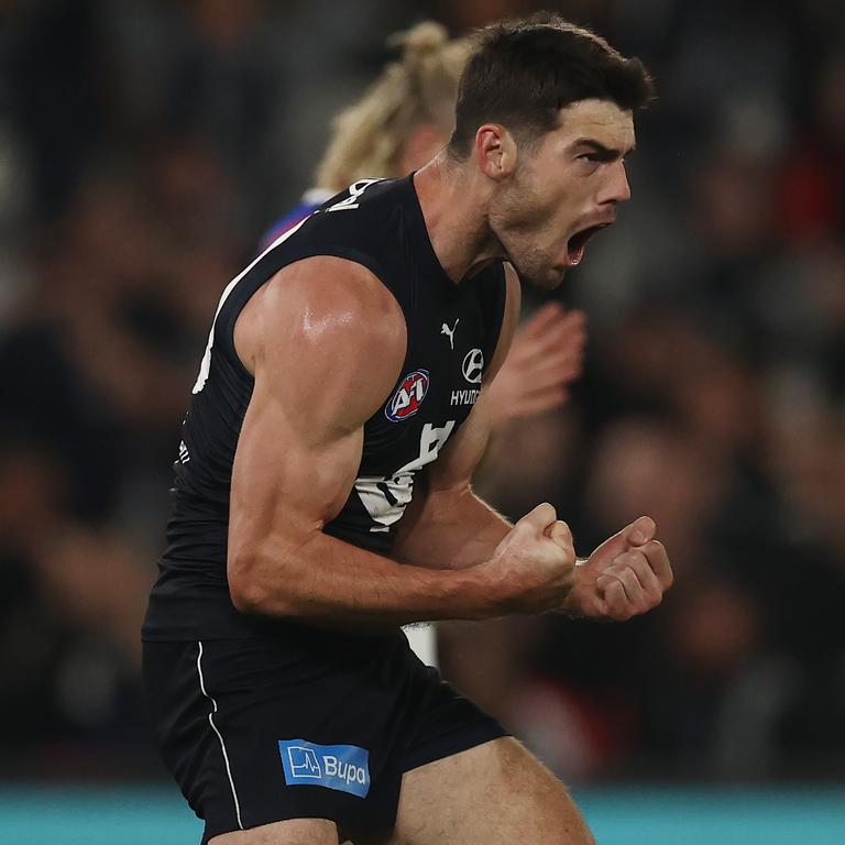 [PLAYERCARD]George Hewett[/PLAYERCARD] enjoys a goal during Carlton’s third-quarter rally. Picture: Michael Klein