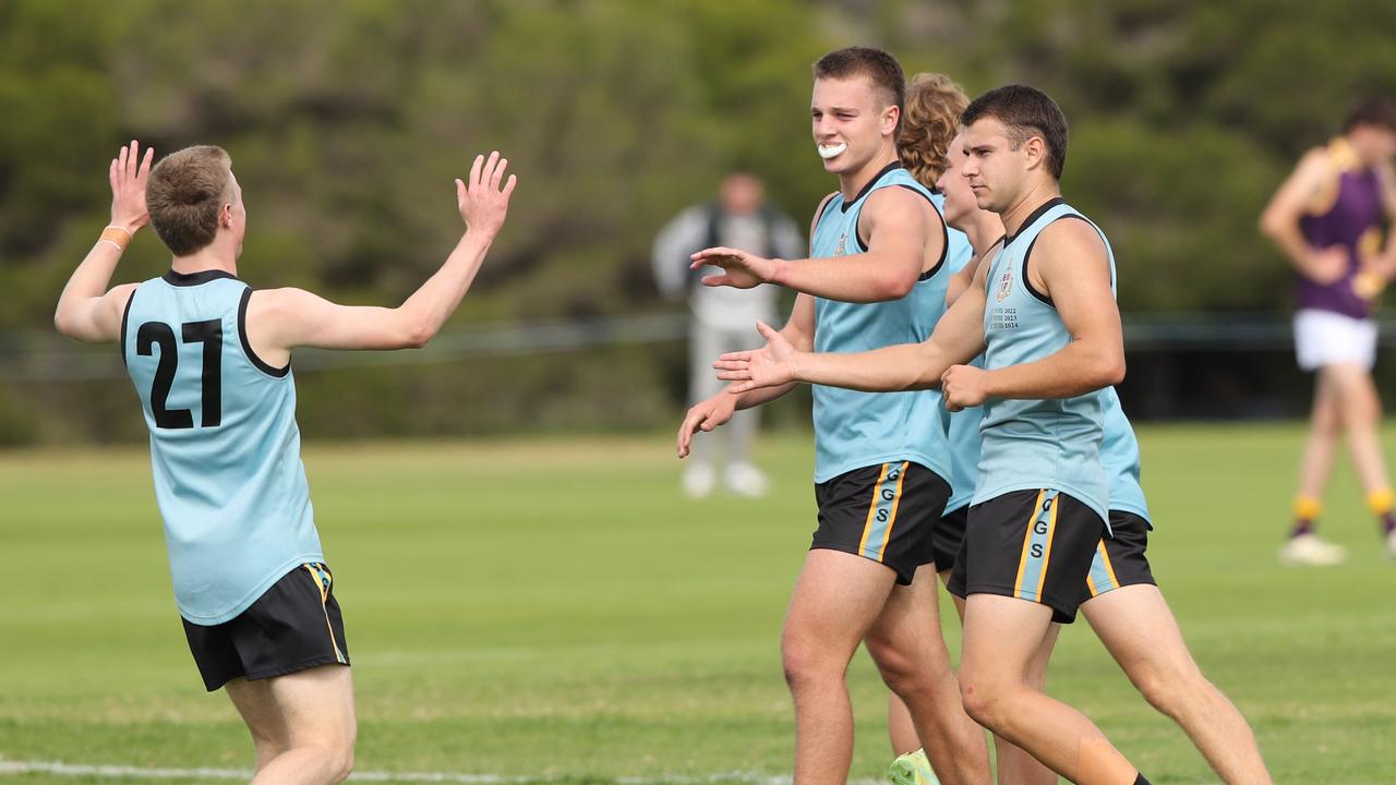 Lalor celebrates a goal with Geelong Grammar. Picture: Alan Barber