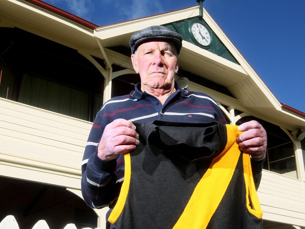 Tigers legend Mal Pascoe, of Hobart at the TCA ground holding his old playing jumper.