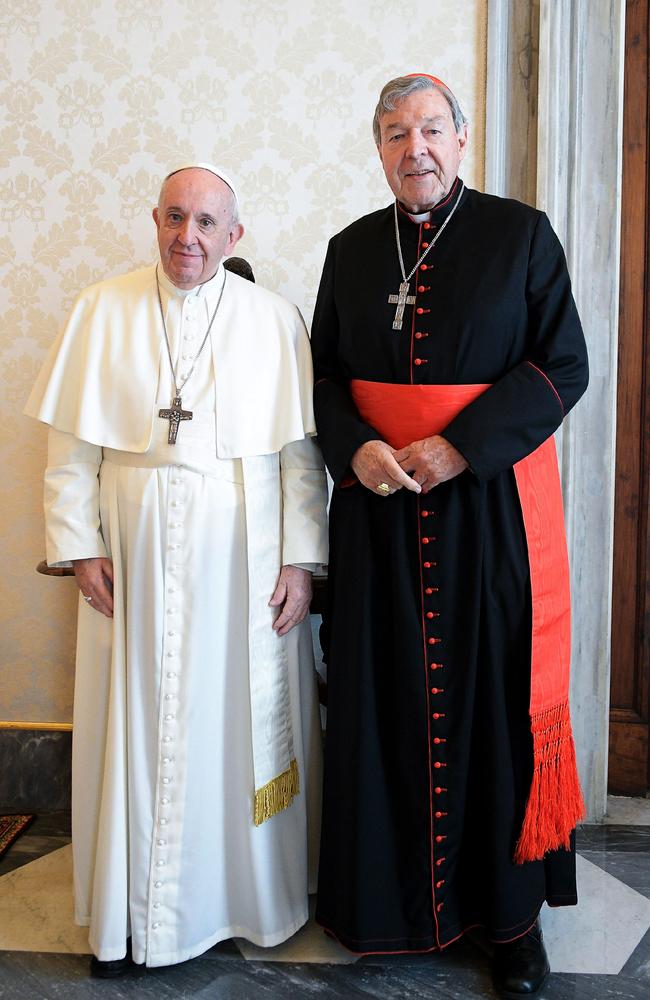 Pope Francis and Cardinal Pell together on October 12, 2020 during a private audience at the Vatican. Picture: Vatican Media/AFP