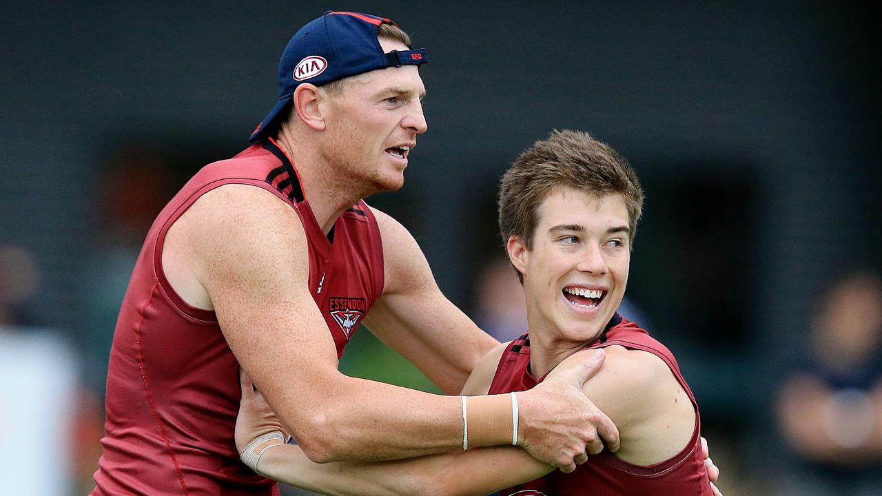 Goddard and Merrett training together. Picture: Wayne Ludbey