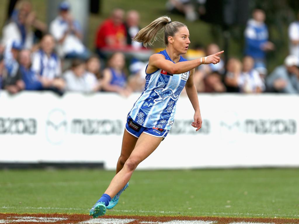 Alice O'Loughlin celebrates a goal against Gold Coast. Picture: Robert Prezioso/Getty Images.