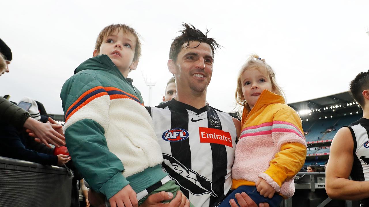 [PLAYERCARD]Scott Pendlebury[/PLAYERCARD]’s family and friends, including his two children, will be on hand to help him celebrate his 350th game in Adelaide. Picture: Getty Images