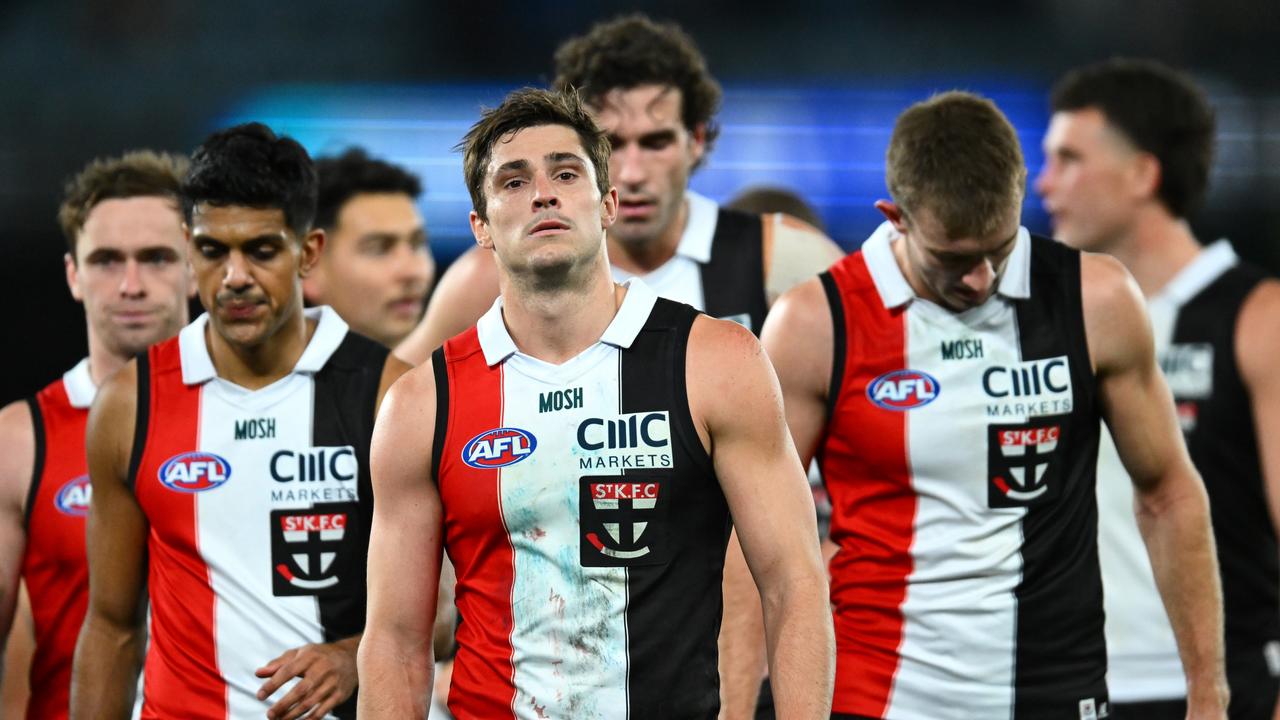 Jack Steele leads the Saints off after the loss to Brisbane. Picture: Quinn Rooney/Getty Images