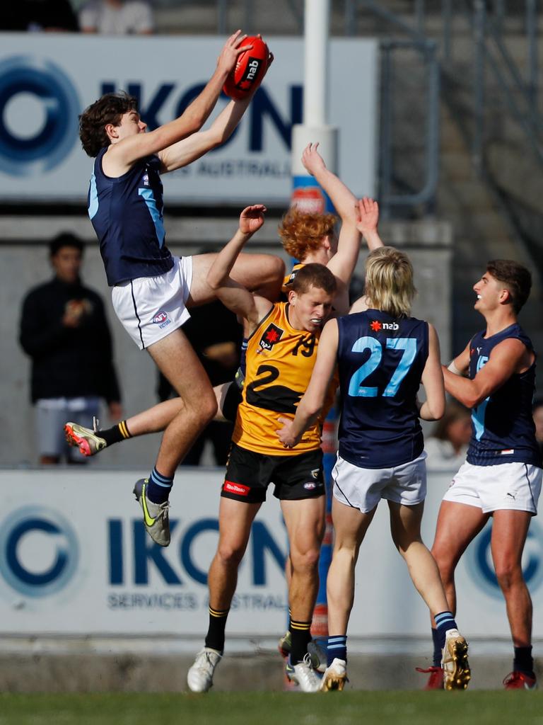 Matthew Jefferson flies to take a big mark. Picture: Dylan Burns/AFL Photos via Getty Images